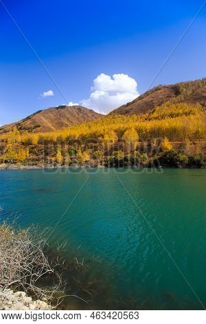 Mountain Lake With Yellow Trees. Autumn Landscape. Kyrgyzstan, Ak-tuz Gorge. Natural Background.