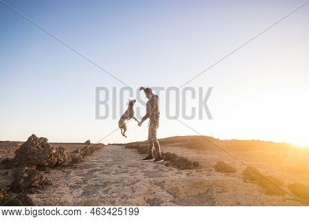 Young Caucasian Man Play With His Beautiful Healthy Amstal Dog In Outdoor Leisure Activity And Time 