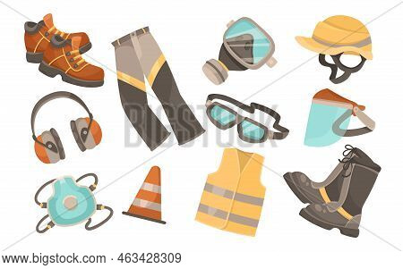 Safety Accessories For Workers Vector Illustrations Set. Collection Of Personal Protective Equipment