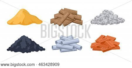 Heaps Of Building Materials Cartoon Vector Illustration Set. Piles Of Stones, Wooden Planks, Sand, M