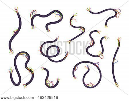 Damaged Electrical Wires Set. Vector Illustrations Of Broken Circuit Cable Cord. Cartoon Short Piece