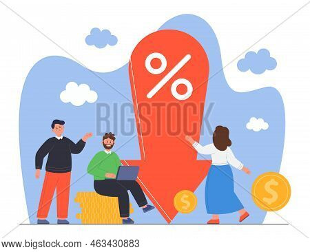 Tiny Male And Female Characters Standing Near Arrow Down Showing Percentage Decrease. Financial Redu