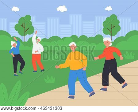 Happy Elderly People Running In City Park Or Sanatorium. Active Pensioners Doing Exercises In Nature