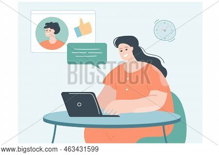 Girl Chatting On Social Networks Flat Vector Illustration. Happy Woman Searching For Partner On Dati