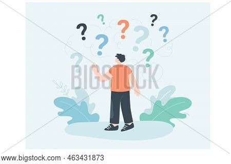Process Of Making Right Business Decision For Man. Confused Tiny Person Thinking, Looking At Questio