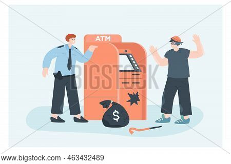 Danger Of Burglar Attack On Atm Machine. Male Police Officer Protecting Bankomat From Crime Of Thief