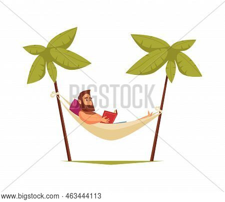 Man Reading Book While Resting In Hammock Between Palm Trees Flat Vector Illustration