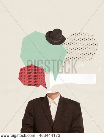 Contemporary Art Collage. Conceptual Image With Male Silhouette In A Suit. Overthinking Process