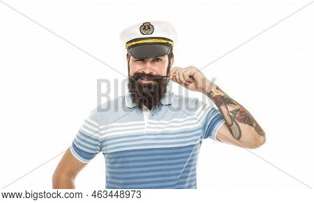 Calm Down Im Sailor. Happy Sailor Isolated On White. Sailor Or Seaman Twirl Moustache. Mariner Sailo