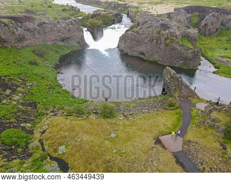Drone View At Hjalparfoss Waterfall In Iceland