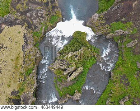 Drone View At Hjalparfoss Waterfall In Iceland
