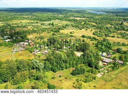 Rural Building And Farmhouse In Countryside. Country Houses In Countryside, Aerial View. Building A