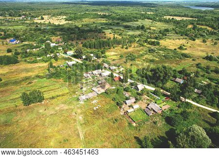 Rural Building And Farmhouse In Countryside. Country Houses In Countryside, Aerial View. Building A