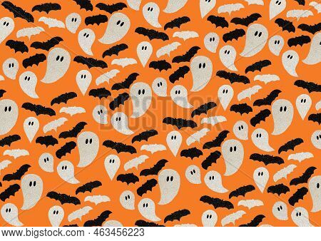 Halloween Cute Ghosts And Bats Cartoon Background. Orange Halloween Pattern Background Design Holida