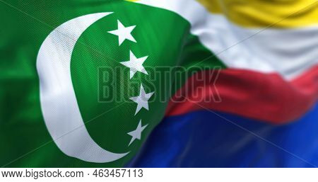 Close-up View Of The Comoros National Flag Waving In The Wind. The Union Of The Comoros Is An Archip