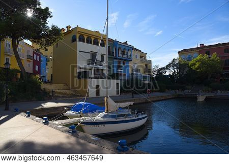 Jetty With Yacht. Yachts And Motor Boats In Marina Port Saplaya, Valencia. Yacht And Fishing Motorbo