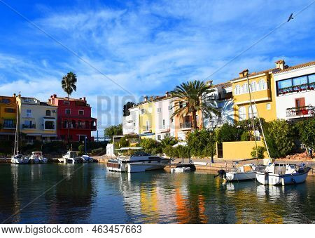 Jetty With Yacht. Yachts And Motor Boats In Marina Port Saplaya, Valencia. Yacht And Fishing Motorbo
