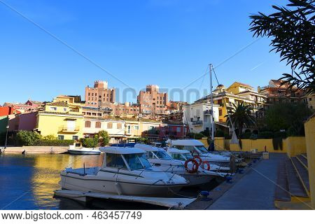 Jetty With Yacht. Yachts And Motor Boats In Marina Port Saplaya, Valencia. Yacht And Fishing Motorbo
