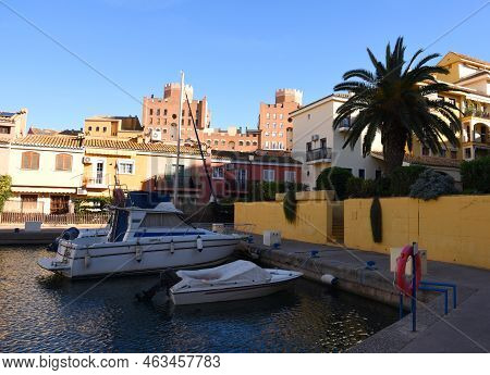 Jetty With Yacht. Yachts And Motor Boats In Marina Port Saplaya, Valencia. Yacht And Fishing Motorbo