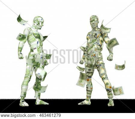 Us Dollar Vs Euro, Forex Trading, Currency Pairing, Human Characters Made Of Money, 3d Rendering, Cu