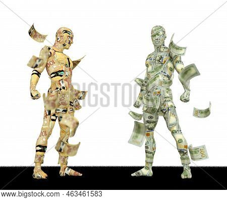 Us Dollar Vs Canadian Dollar, Forex Trading, Currency Pairing, Human Characters Made Of Money, 3d Re