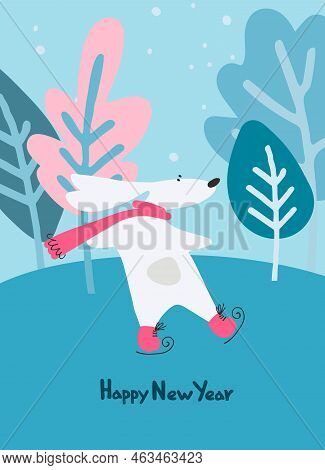New Year Greeting Card With Water Rabbit, Zodiac Animal For 2023 In The Night Forest And Hand-letter