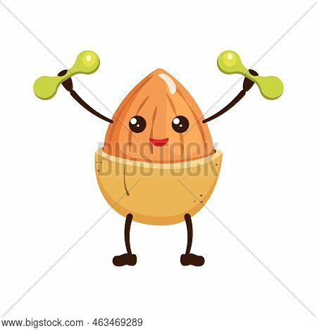 Almond Kawaii Goes In For Sports. Nut Emoji Holds Hands Up With Dumbbells. Food Character