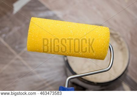 Roller Brush Painting, Female Hand Uses Roller Brush Painting, Worker Painting On Steel Surface Wall