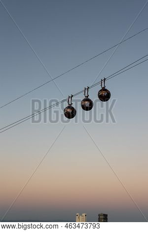 Haifa, Israel, October 13, 2022 : Cable Car Cabins Move From The Lower Station On The Waterfront To 