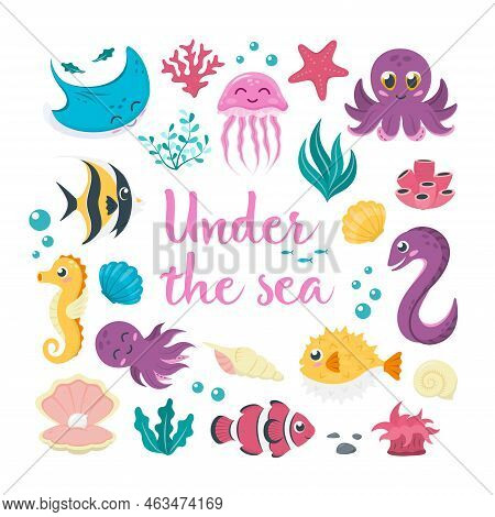 Colorful Cartoon Collection Of Cute Exotic Sea Animals And Plants - Jellyfish, Seahorse, Octopus, Cl