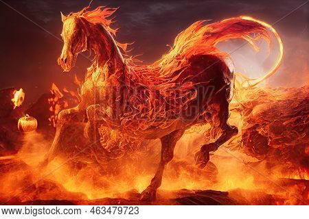 A Fiery Horse Running Through A Rocky, Lava-infested Terrain. A Hellish Theme For Halloween Night. 3