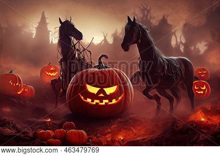 Two Nightmare Horses Demons Riding In Hell With Halloween Pumpkins. Running Through A Dark Forest Du