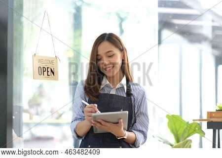 Startup Successful Small Business Owner Sme Beauty Girl Stand With Tablet Smartphone In Coffee Shop 