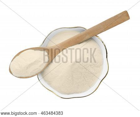 Bowl And Spoon Of Agar-agar Powder Isolated On White, Top View