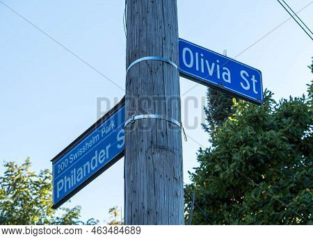 Street Signs Of Olivia And Philander Streets In The Swisshelm Park Neighborhood In Pittsburgh, Penns