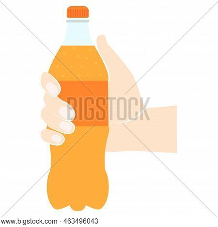 Bottle Orange Holding In Hand. Refreshing Drink. Vector Illustration Flat Design. Isolated On White 