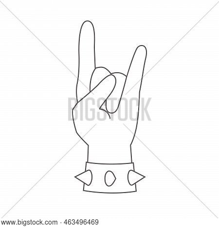Rock Outline Hand Gesture. Heavy Metal And Punk Arm Symbol With Armlet With Spikes. Vector Line Illu