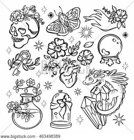 Love Magic Set Alchemic Monochrome Elements Halloween Astrology Esoteric Occult Witchcraft Sketch Do