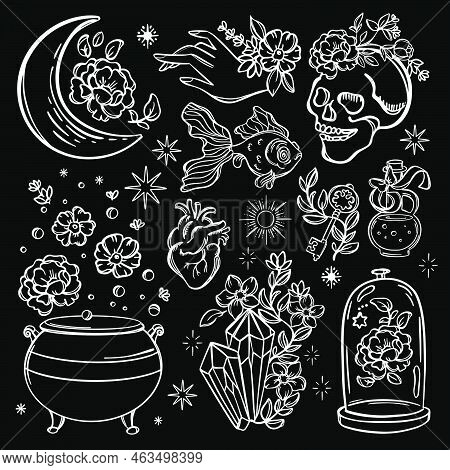Love Magica Alchemic Monochrome Elements Halloween Astrology Esoteric Occult Witchcraft Sketch Doodl