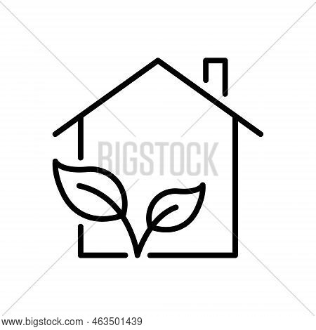 Eco Green House Line Icon. Ecology Real Estate Building With Leaf Pictogram. Environment Conservatio