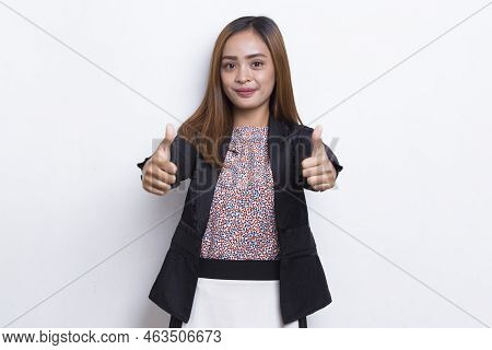 Young Asian Beautiful Woman With Ok Sign Gesture Tumb Up Isolated On White Background