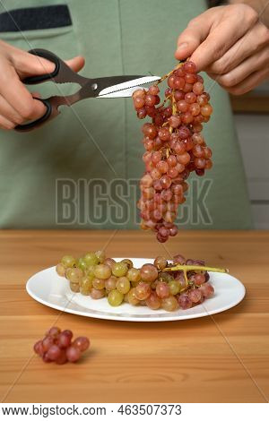 Woman Cuts A Bunch Of Quiche-mish Grapes Into Portioned Dishes With Kitchen Scissors. Soft Focus. Go