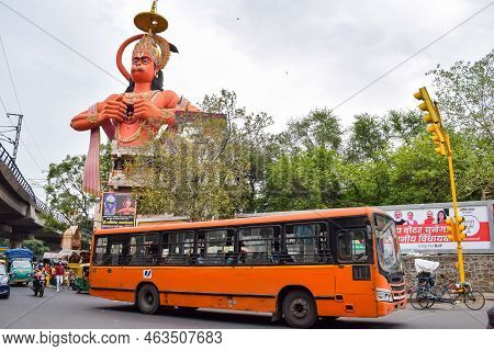 New Delhi, India - June 21, 2022 - Big Statue Of Lord Hanuman Near The Delhi Metro Bridge Situated N