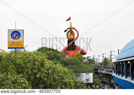 New Delhi, India - June 21, 2022 - Big Statue Of Lord Hanuman Near The Delhi Metro Bridge Situated N