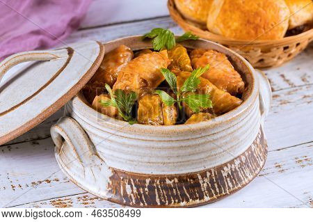 Traditional Delicious Homemade Dish Of Eastern European Cuisine Golubtsy Stuffed Cabbage Leaf With M