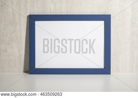 Horizontal Blue Frame Mockup On White Shelf, Table. Mockup Diploma. Certificate, Diploma, Picture, G