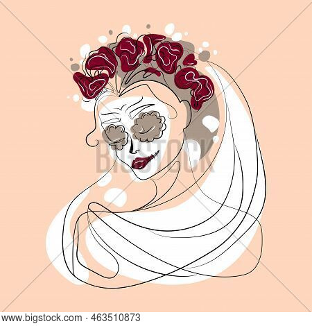 Woman Face In Flower Wreath And Sugar Skull Makeup Vector Minimal Art Illustration.abstract Female G