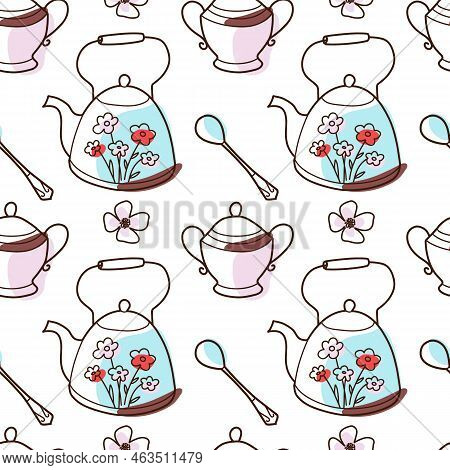 Contur And Spot Vector Seamless Pattern On The Cups And Teapot