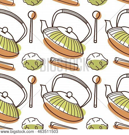 Contur And Spot Vector Seamless Pattern On The Cups And Teapot