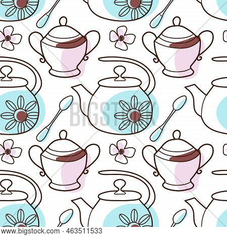 Contur And Spot Vector Seamless Pattern On The Cups And Teapot